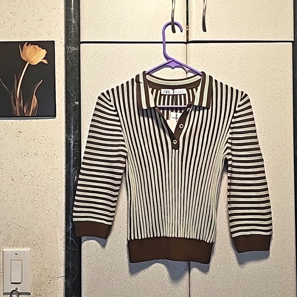 Zara Top, Women's Striped Collared 3 Button Stretchy Rib Knit Polo, S - Picture 2 of 7